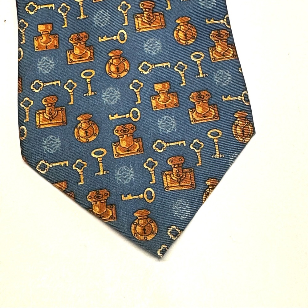 LOEWE Blue Gold Silk Necktie Lock Key Design 56.5" x 3.75" EUC